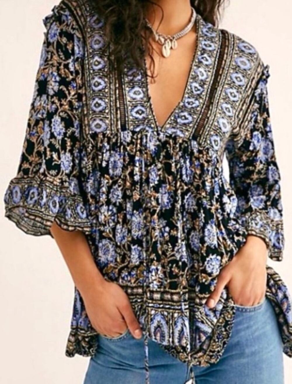 Free People Black Blue Boho Floral Tunic Blouse Flowy Fairy Women's size Medium